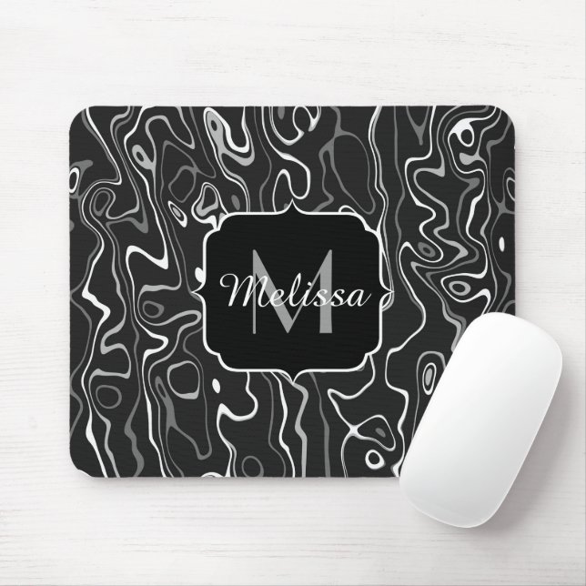 Schwarz-weiße graue Damaskus abstrakte Wirbel Mono Mousepad (Mit Mouse)