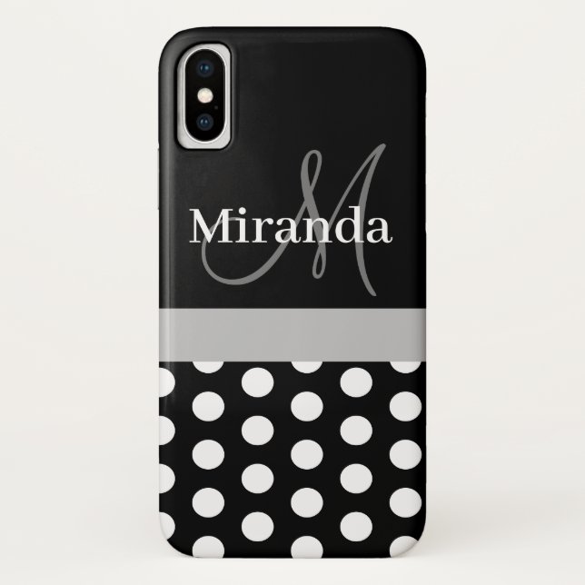 Schwarz-weiße graue Monogram Script Polka Dots Case-Mate iPhone Hülle (Rückseite)