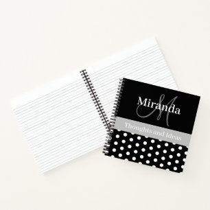 Schwarz-weiße graue Monogram Script Polka Dots Notizbuch