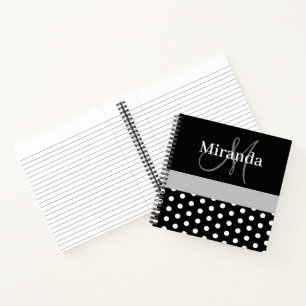 Schwarz-weiße graue Monogram Script Polka Dots Notizbuch