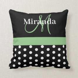 Schwarz-weiße Green Monogram Script Polka Dots Kissen