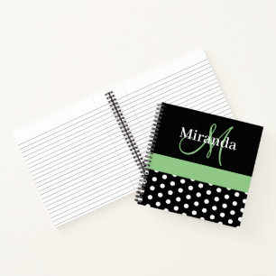Schwarz-weiße Green Monogram Script Polka Dots Notizbuch