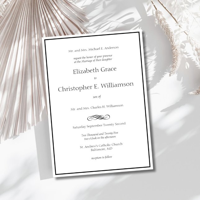 Schwarz-weiße Grenze Minimal moderne feierliche Ho Einladung (Black border minimalist traditional classic formal, both parents elegant wedding invitation)