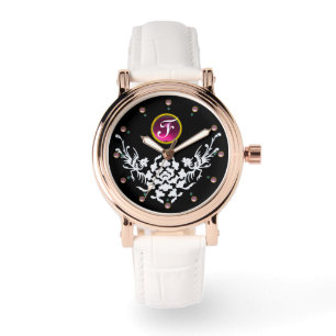 SCHWARZ-WEISSE GRIFFINEN UND BLUME GEM MONOGRAM ARMBANDUHR