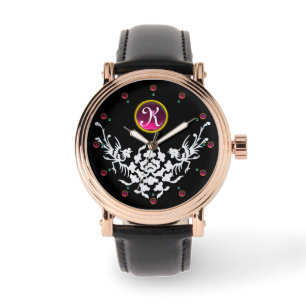 SCHWARZ-WEISSE GRIFFINEN UND BLUME GEM MONOGRAM ARMBANDUHR