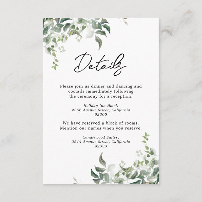 Schwarz-weiße Grüne Botanische Wasserfarbenhochzei Begleitkarte (Vorderseite)