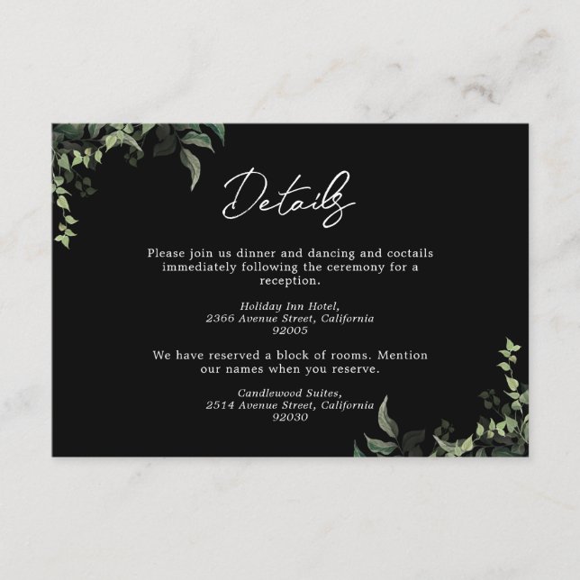 Schwarz-weiße Grüne Botanische Wasserfarbenhochzei Begleitkarte (Vorderseite)