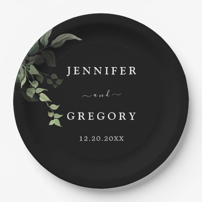 Schwarz-weiße Grüne Botanische Wasserfarbenhochzei Pappteller (Vorderseite)