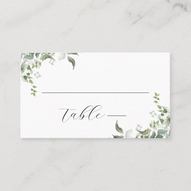 Schwarz-weiße Grüne Botanische Wasserfarbenhochzei Platzkarte (Vorderseite)