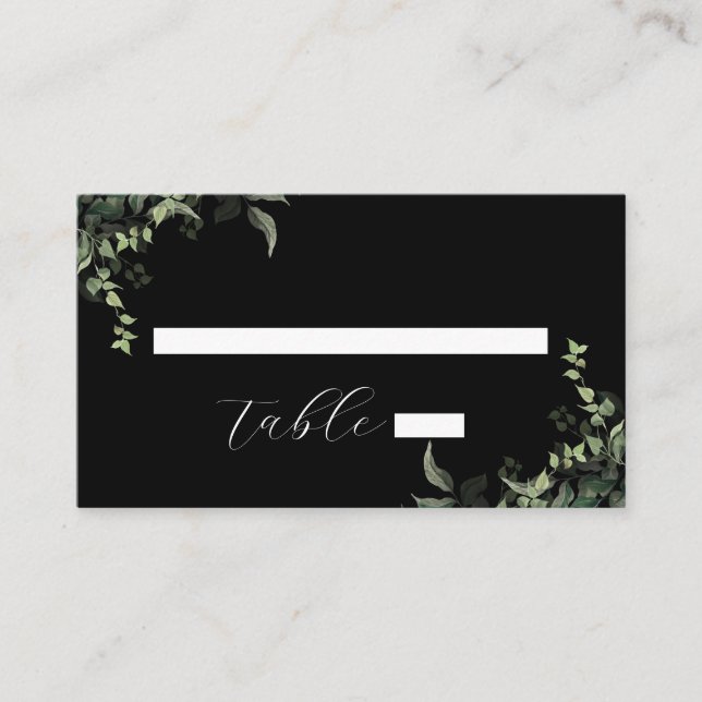 Schwarz-weiße Grüne Botanische Wasserfarbenhochzei Platzkarte (Vorderseite)