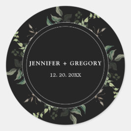 Schwarz-weiße Grüne Botanische Wasserfarbenhochzei Runder Aufkleber