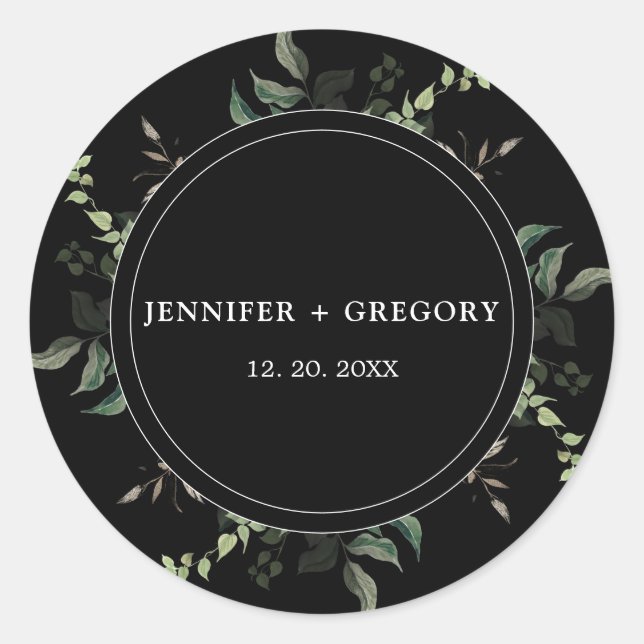 Schwarz-weiße Grüne Botanische Wasserfarbenhochzei Runder Aufkleber (Vorderseite)