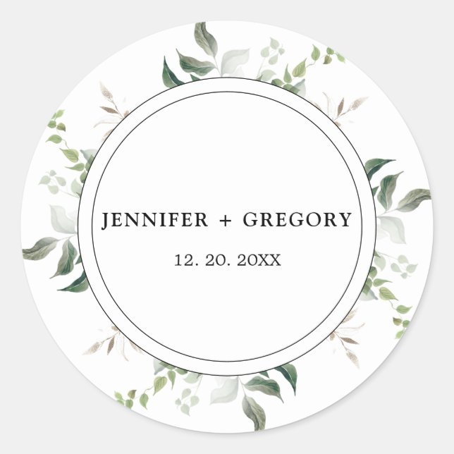 Schwarz-weiße Grüne Botanische Wasserfarbenhochzei Runder Aufkleber (Vorderseite)