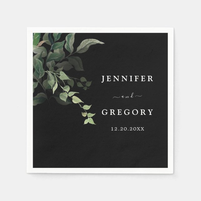 Schwarz-weiße Grüne Botanische Wasserfarbenhochzei Serviette (Vorderseite)