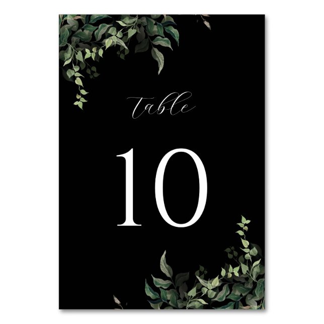 Schwarz-weiße Grüne Botanische Wasserfarbenhochzei Tischnummer (Vorderseite)
