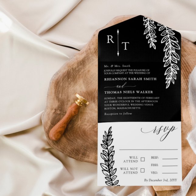 Schwarz-weiße Grüne Mit Monogramm Hochzeit All In One Einladung (Von Creator hochgeladen)