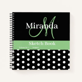 Schwarz-weiße grüne Monogram Polka Dots Sketch Notizbuch