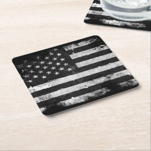Schwarz-weiße Grunge-amerikanische Flagge Rechteckiger Pappuntersetzer