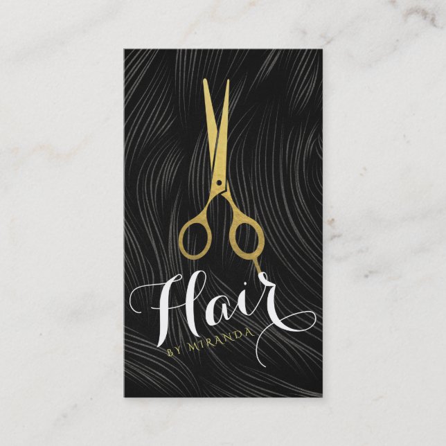 Schwarz-weiße Haare Muster Gold Schere Haarstyler Terminkarte (Vorderseite)