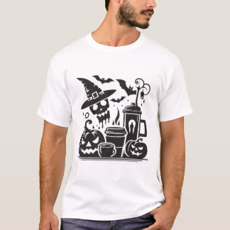 Schwarz-weiße Halloween-Kaffe-Silhouette Grafik T-Shirt