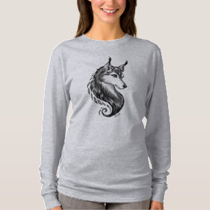 Schwarz-weiße Hand gezeichneter Wolf weg vom T-Shirt
