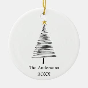 Schwarz-weiße handgezeichnet Weihnachtsbaumfamilie Keramik Ornament
