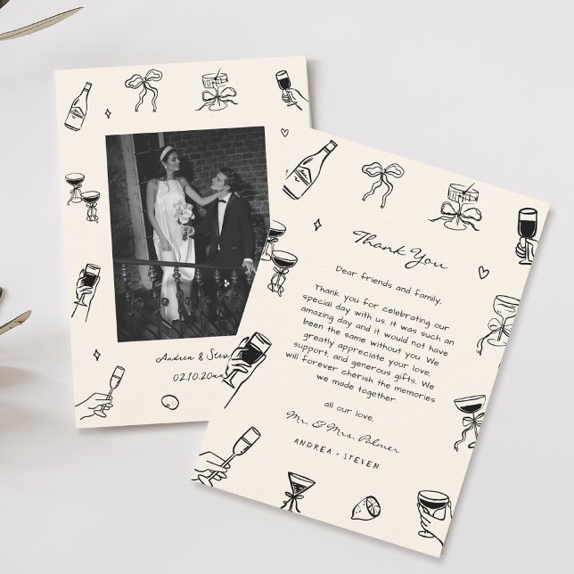 Schwarz-weiße handgezeichnete Hochzeit speichern S Dankeskarte (Von Creator hochgeladen)