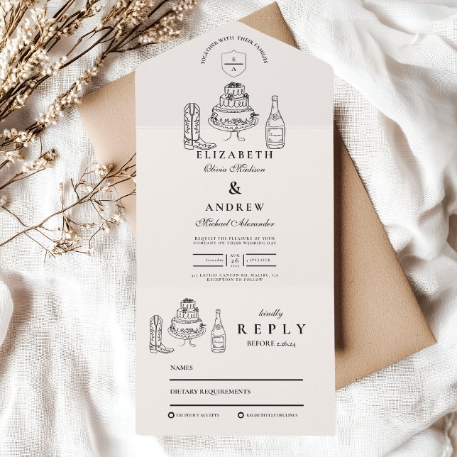 Schwarz-weiße handgezogene Western-Doodle-Hochzeit All In One Einladung (Von Creator hochgeladen)