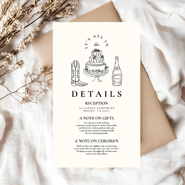 Schwarz-weiße handgezogene Western-Doodle-Hochzeit Begleitkarte (Von Creator hochgeladen)