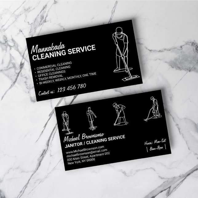 Schwarz-weiße Hausreinigung Männer Janitorial Visitenkarte (Black White House Cleaning Men Janitorial Business Card)