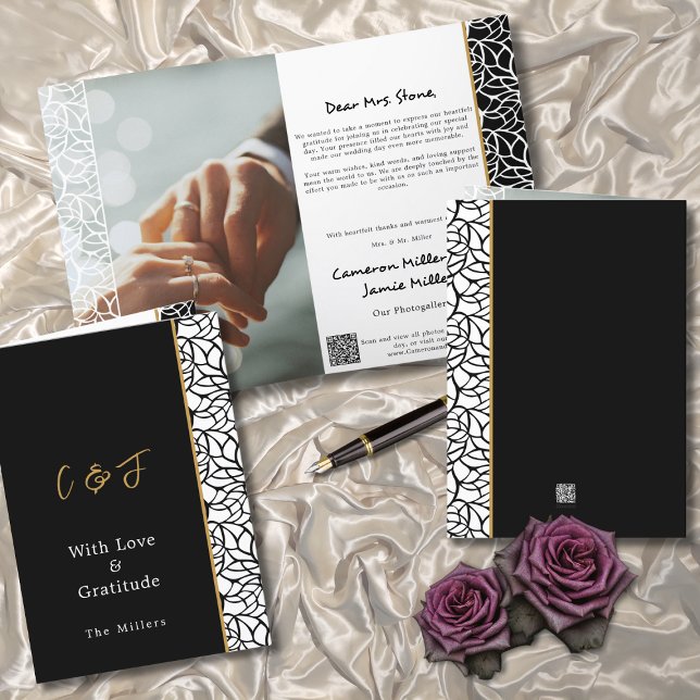 Schwarz-weiße Hochzeit an der Foliage Dankeskarte (Foliage Border Black White Wedding Folded Thank You Card)