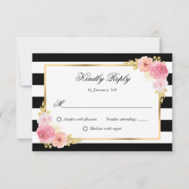 Schwarz-weiße Hochzeit in Gold Pink RSVP Karte