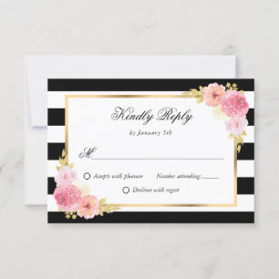 Schwarz-weiße Hochzeit in Gold Pink RSVP Karte