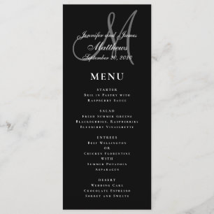 Schwarz-weiße Hochzeit mit elitärer Schrift Menükarte
