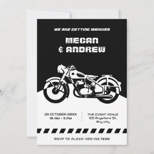 Schwarz-weiße Hochzeit mit klassischem Motorrad Einladung