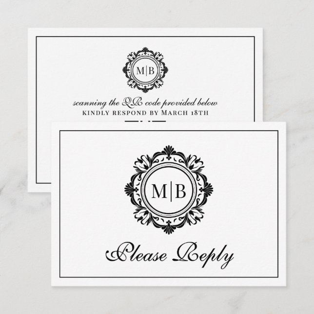 Schwarz-weiße Hochzeit mit verzierter Floral RSVP Karte (Vorne/Hinten)
