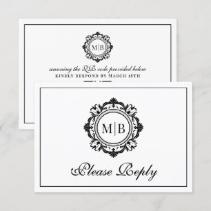 Schwarz-weiße Hochzeit mit verzierter Floral RSVP Karte