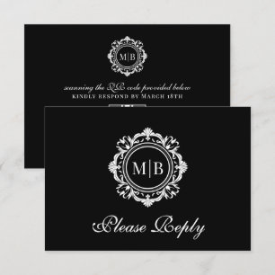 Schwarz-weiße Hochzeit mit verzierter Floral RSVP Karte