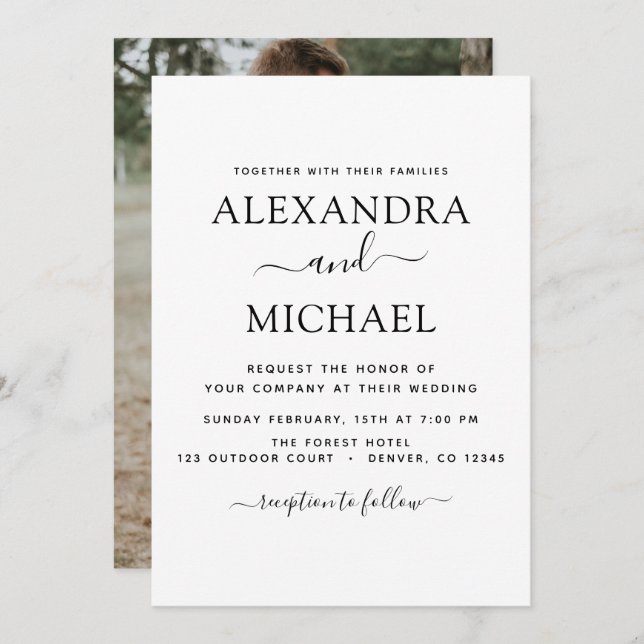 Schwarz-weiße Hochzeit Romantisches Foto Einladung (Vorne/Hinten)