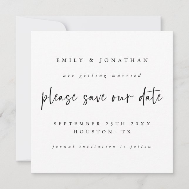 Schwarz-weiße Hochzeit speichert das Datum Mitteilungskarte (Vorderseite)