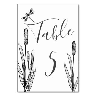 Schwarz-weiße Hochzeit von Dragonfly und Cattails Tischnummer