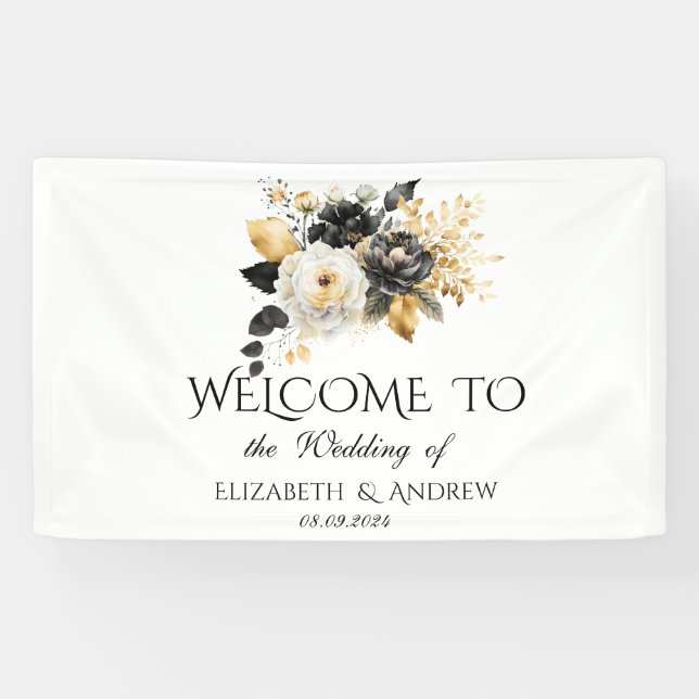 Schwarz-weiße Hochzeit von Gold-Blume Banner (Horizontal)