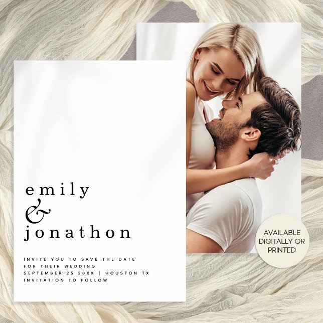 Schwarz-weiße Hochzeit von Minimalistisch-Text-Fot Save The Date (Aaialable digitally or printed. Front and back view - add your photo on the back. )