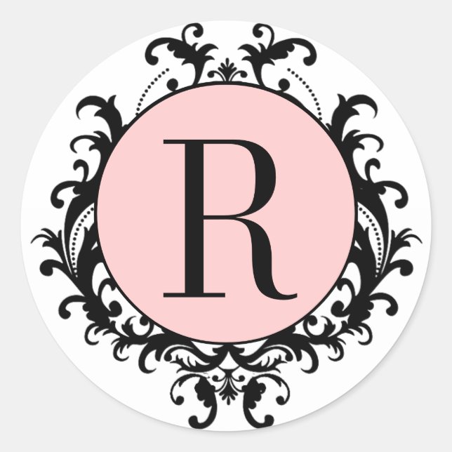 Schwarz-weiße Hochzeitmonogramm R Damask rosa Etik Runder Aufkleber (Vorderseite)