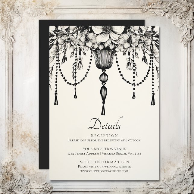 Schwarz-weiße Hochzeitsdetails des Kronleuchters Begleitkarte (Floral Chandelier Black White Wedding Details Enclosure Card)