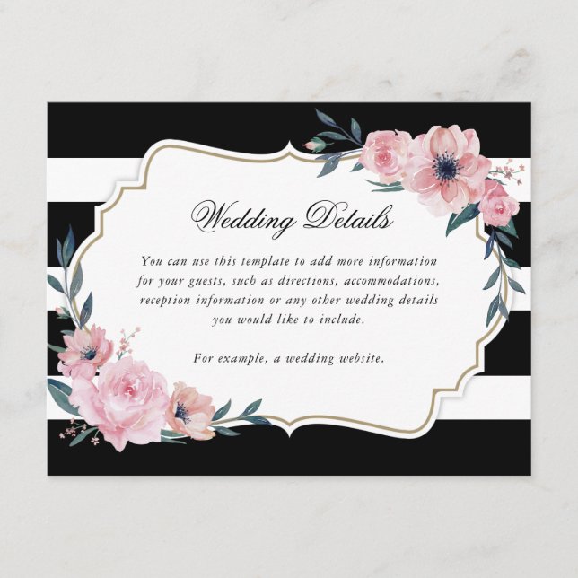 Schwarz-weiße Hochzeitsdetails in Aquarellfarbe Ro Begleitkarte (Vorderseite)