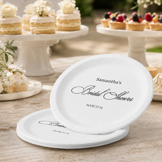 Schwarz-weiße Hochzeitsdusche Elegantes Skript Pappteller (Black White Bridal Shower Elegant Script Paper Plates)