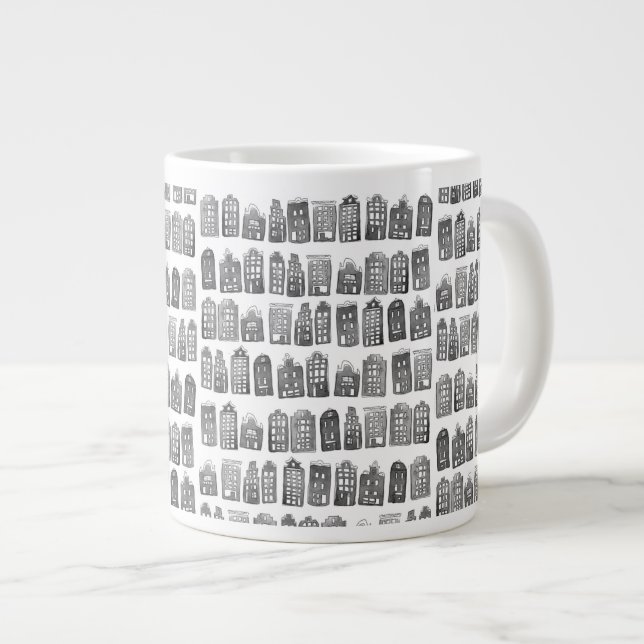 Schwarz-weiße holländische Häuser Amsterdam Muster Jumbo-Tasse (Vorderseite Rechts)