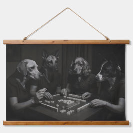 Schwarz-weiße Hunde spielen Mahjong Wandteppich Mit Holzrahmen