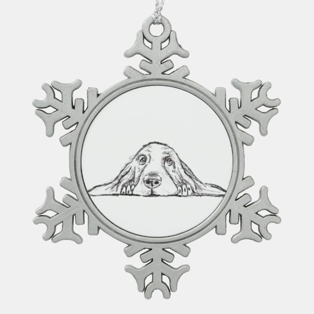 Schwarz-weiße Hundeaugen Schneeflocken Zinn-Ornament (Vorderseite)
